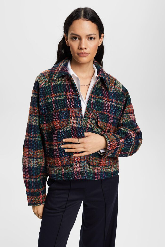 Tartan patterned tweed jacket with wool, BLACK, detail image number 0