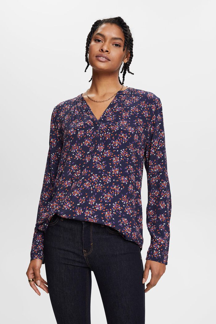 Floral V-neck blouse, NAVY, detail image number 0