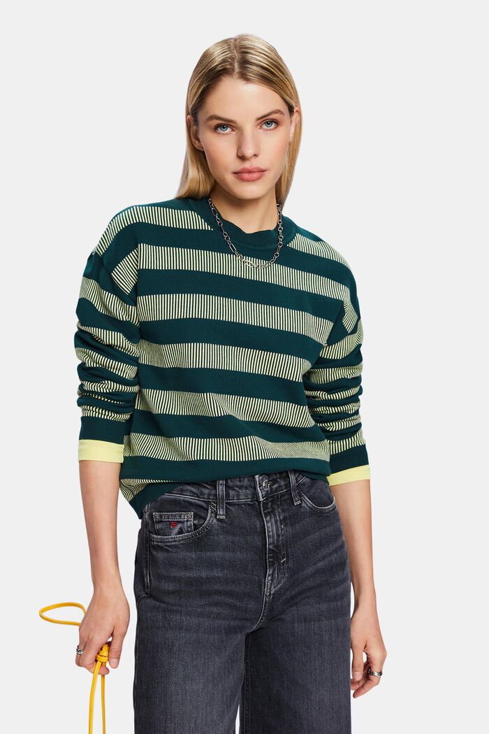 Jacquard Striped Crewneck Sweater, DARK TEAL GREEN, detail image number 0