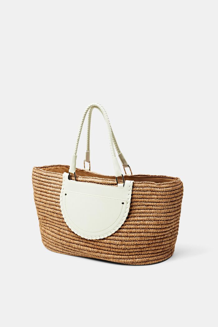 Raffia shopper with faux leather details, OFF WHITE, detail image number 2