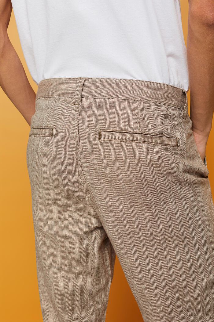 Cotton and linen blended herringbone trousers, DARK BROWN, detail image number 4