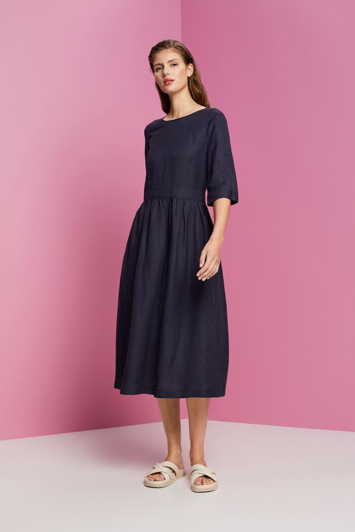 Blended linen and viscose woven midi dress, NAVY, detail image number 0