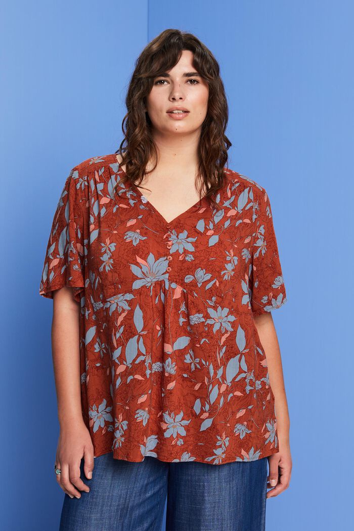CURVY patterned short sleeve blouse, cotton blend, CORAL ORANGE, detail image number 0