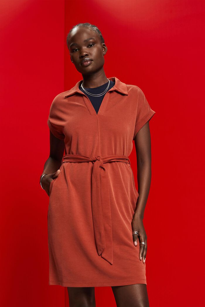 Knitted dress with a tie belt, TENCEL™, TERRACOTTA, detail image number 0
