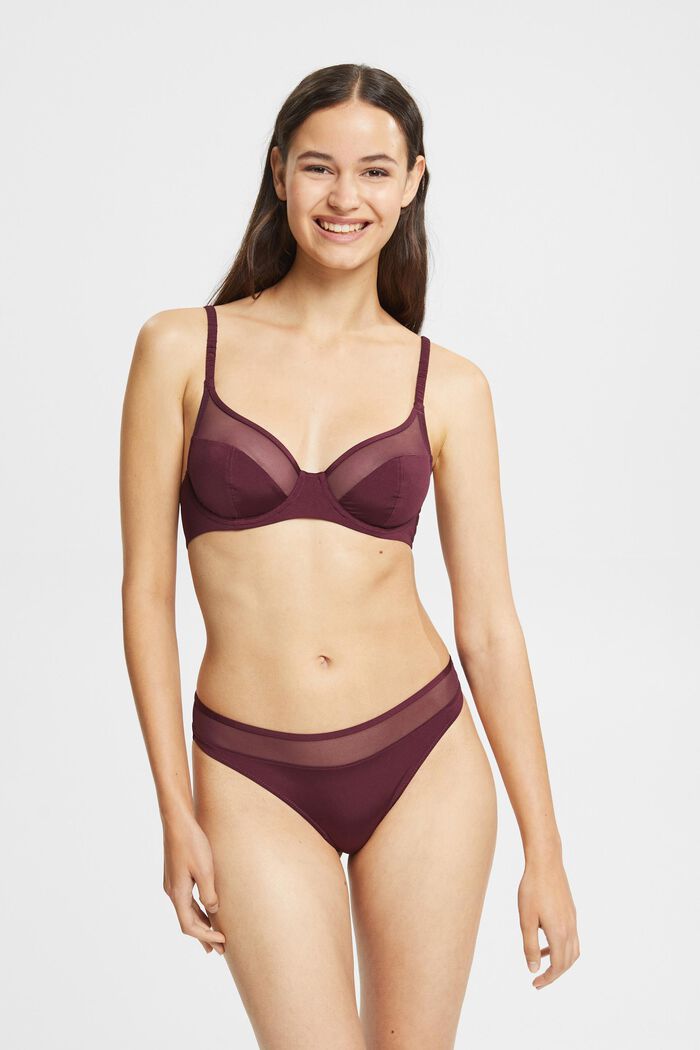 Underwired, plunge bra with mesh, BORDEAUX RED, detail image number 0