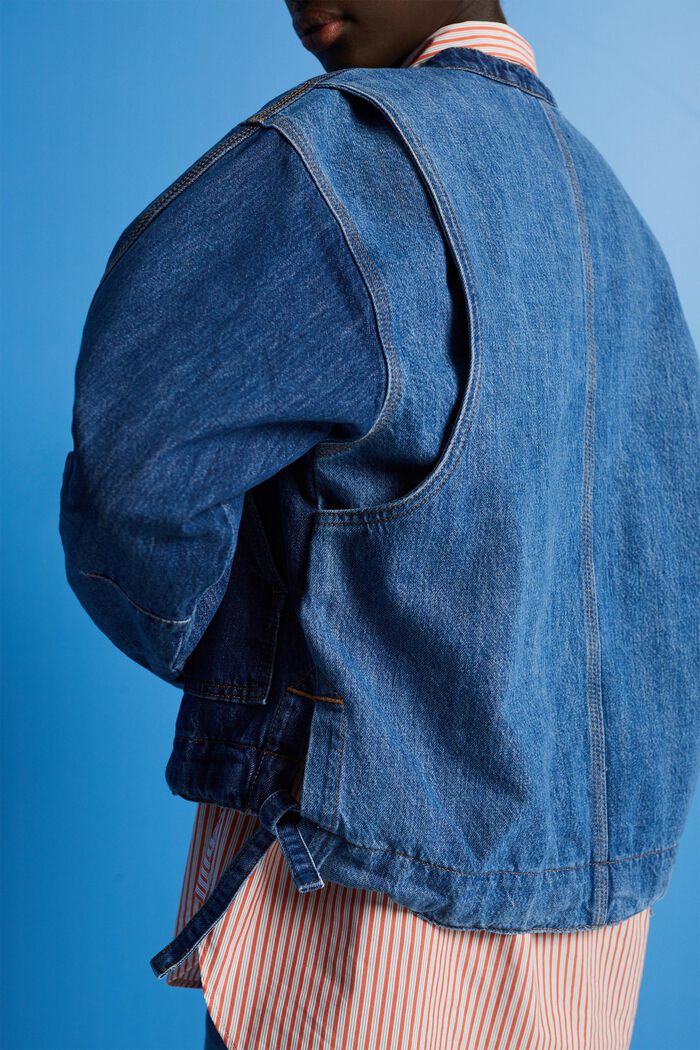 Collarless denim jacket with drawstrings, BLUE DARK WASHED, detail image number 4