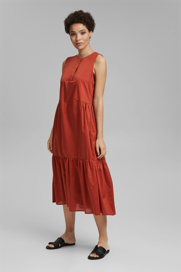 Sleeveless flounce midi dress made of cotton, TERRACOTTA, detail image number 1