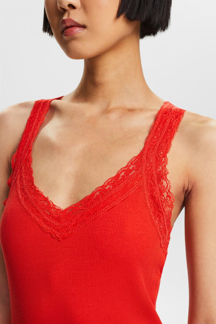 Lace Rib-Knit Jersey Top, RED, detail image number 3