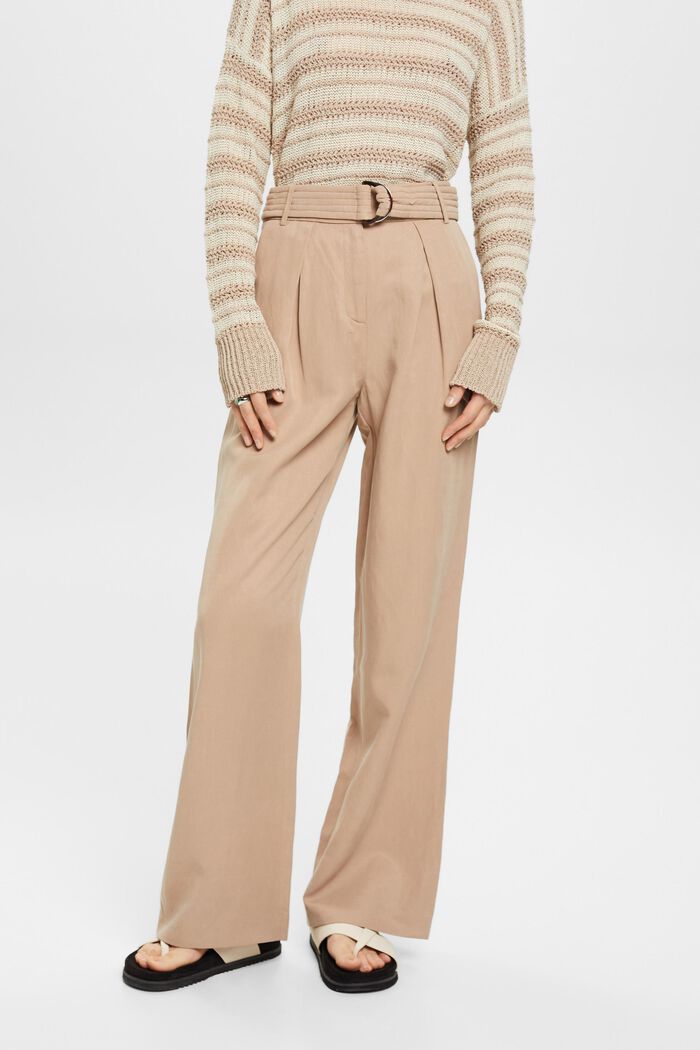 High-rise wide leg linen blend trousers with belt, TAUPE, detail image number 0