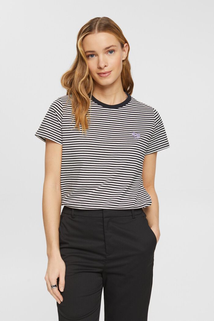Striped t-shirt with embroidered flower, BLACK, detail image number 0