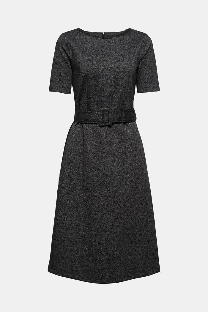 Mix + match HERRINGBONE midi dress with belt, BLACK, overview