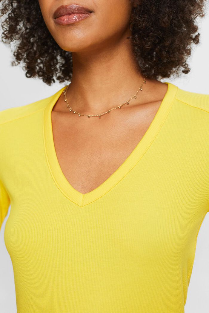 Ribbed V-Neck T-Shirt, YELLOW, detail image number 3
