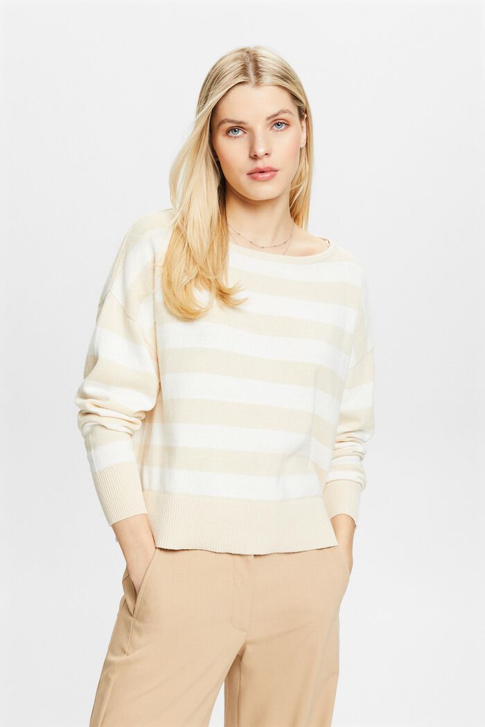 Striped Cotton-Linen Sweater, CREAM BEIGE, detail image number 0