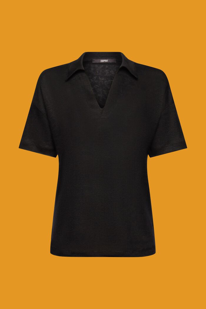 T-shirt with a polo collar, 100% linen, BLACK, detail image number 6
