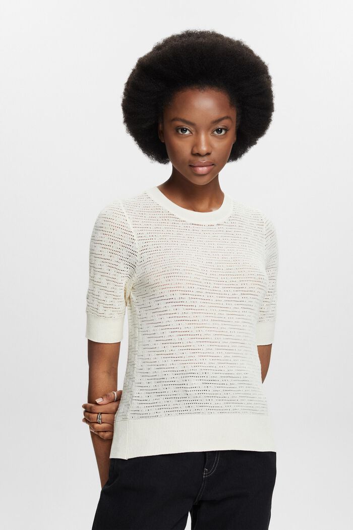 Pointelle Short-Sleeve Sweater, OFF WHITE, detail image number 0