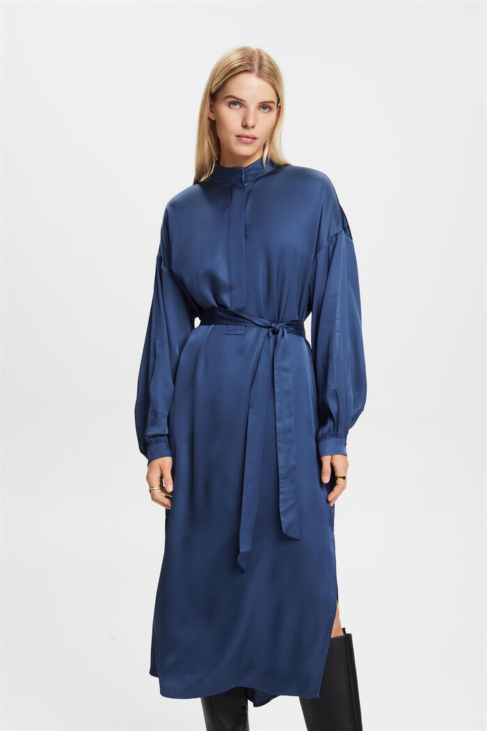 Satin Shirt Dress, GREY BLUE, detail image number 2