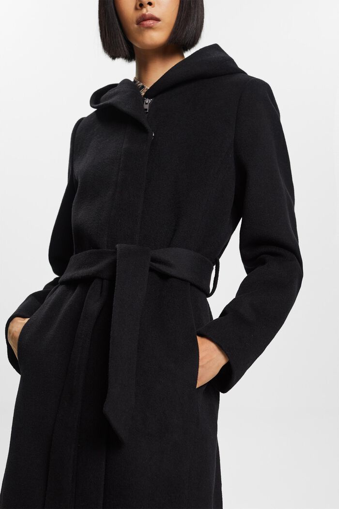 ESPRIT - Recycelt: hooded wool blend coat with belt at our online shop