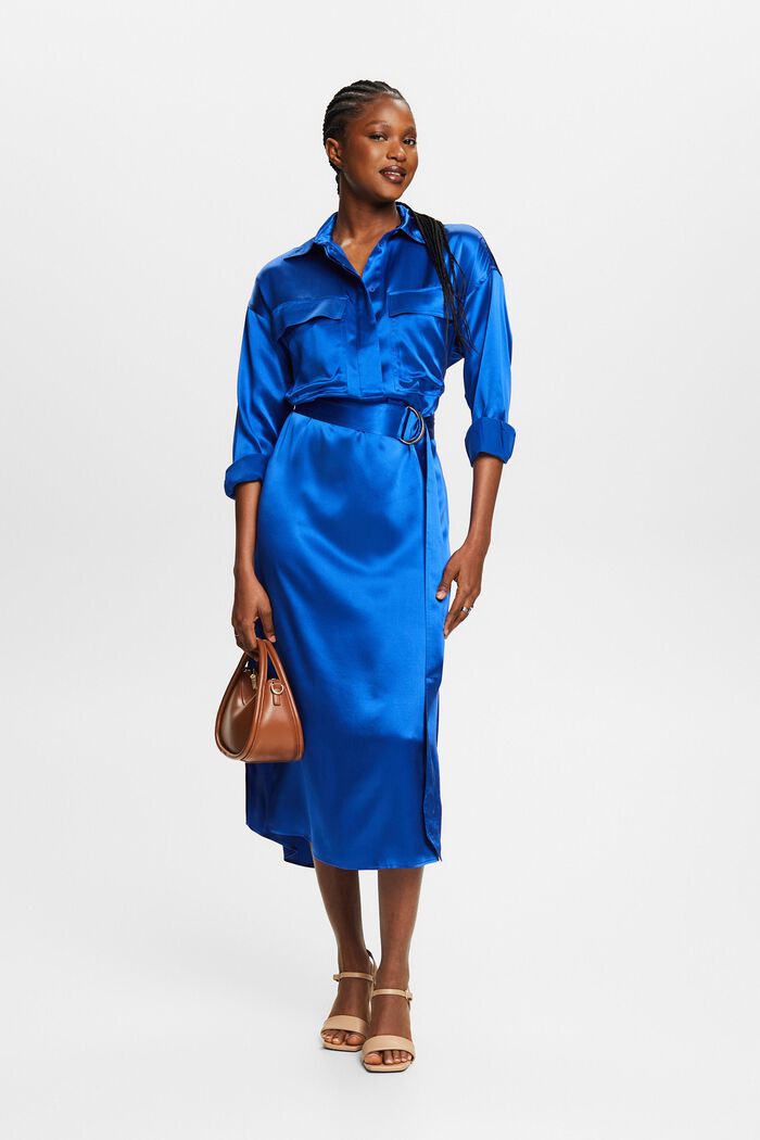 Silk Satin Belted Midi Dress, BRIGHT BLUE, detail image number 4