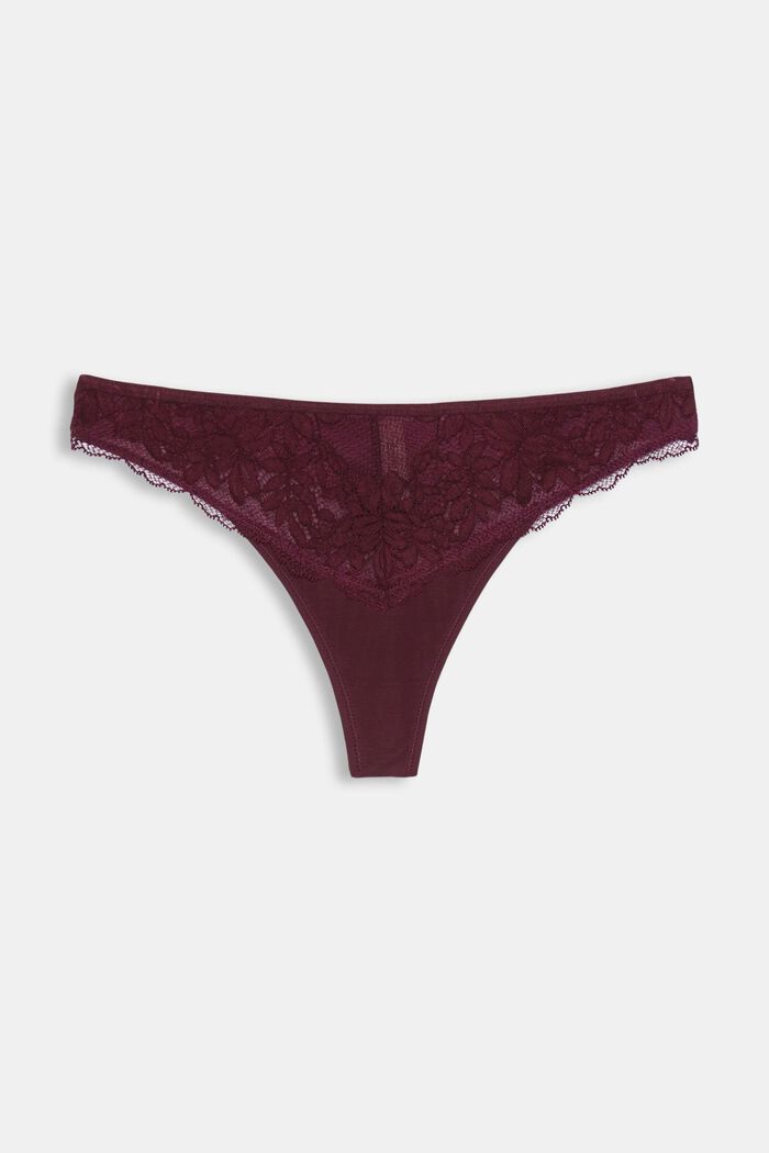 Mesh thong with floral lace, BORDEAUX RED, detail image number 1