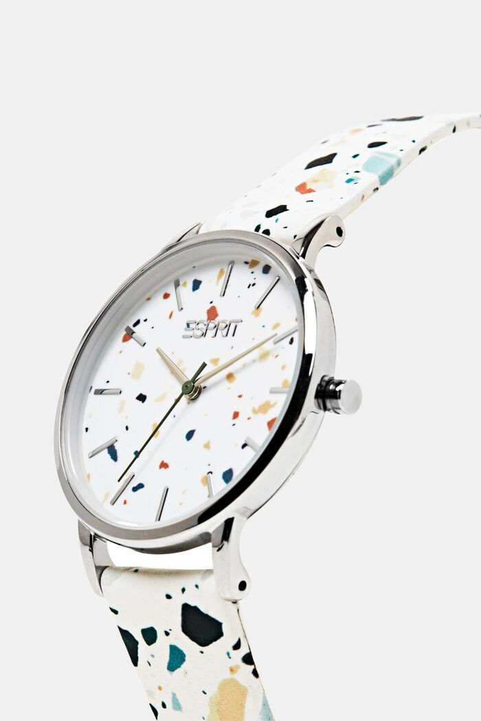 Stainless Steel Leather Strap Watch, WHITE/MULTICOLOR, detail image number 1