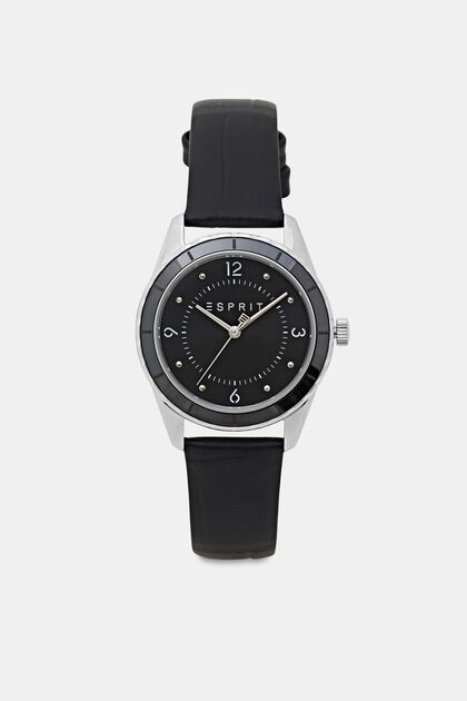 Stainless-steel watch with leather bracelet, BLACK, overview