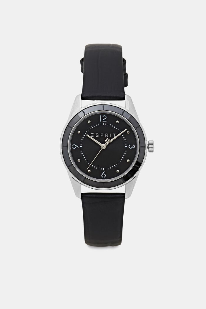 Stainless-steel watch with leather bracelet, BLACK, detail image number 0