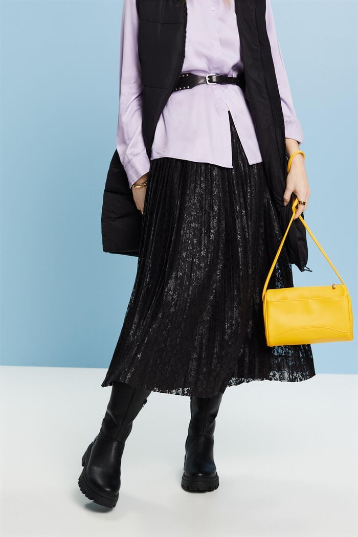 Pleated Lace Midi Skirt, BLACK, detail image number 0
