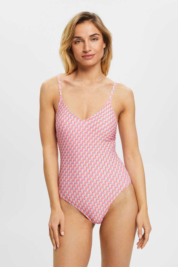 Padded swimsuit with geometric pattern, PINK FUCHSIA, detail image number 0