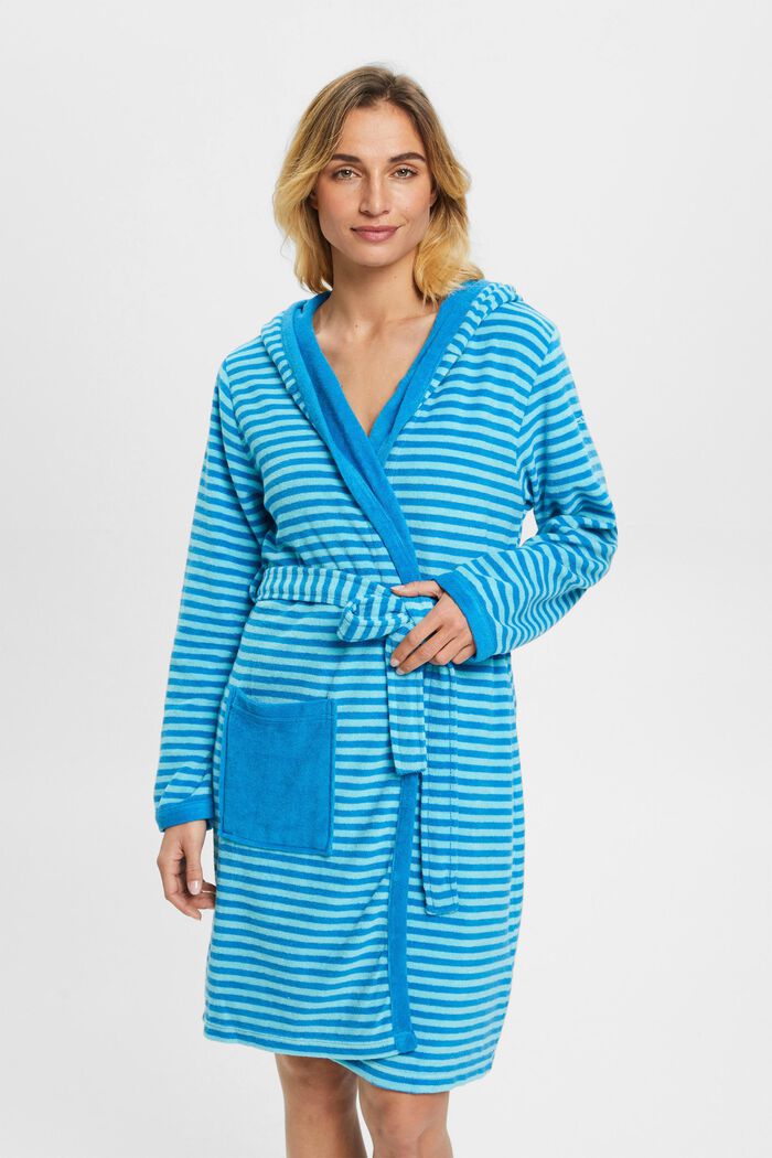 Striped terry cloth bathrobe with hood, TURQUOISE, detail image number 0