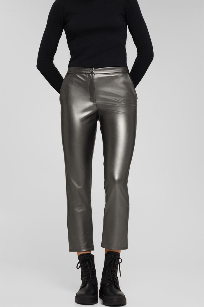 Vegan: Cropped trousers in faux leather, GUNMETAL, detail image number 0