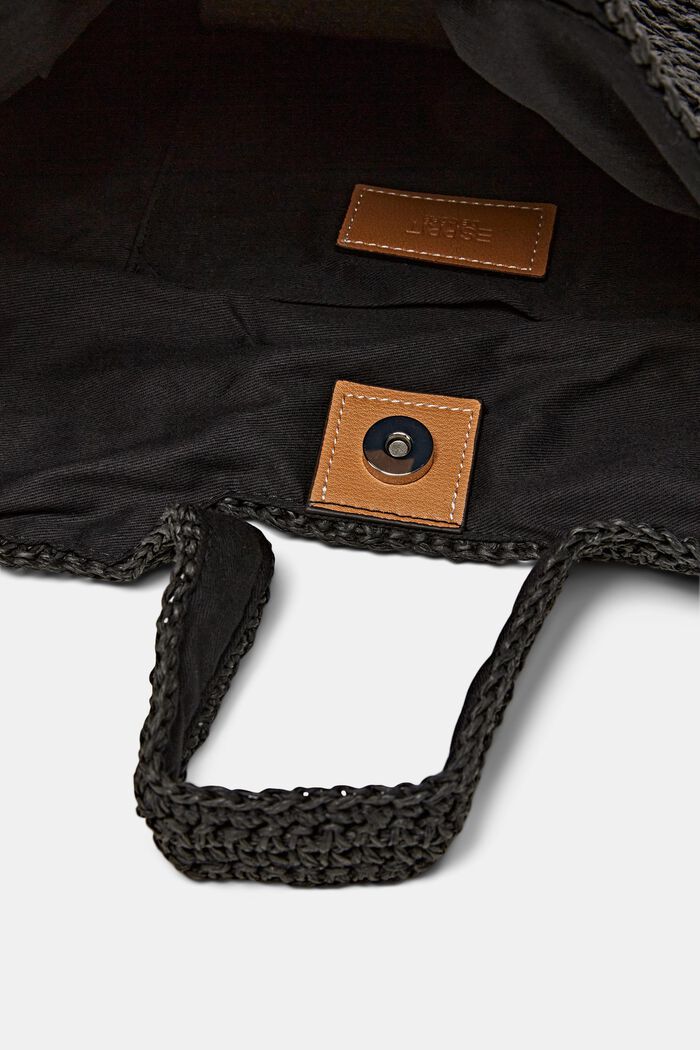 Faux Leather Trim Woven Raffia Bag, BLACK, detail image number 3