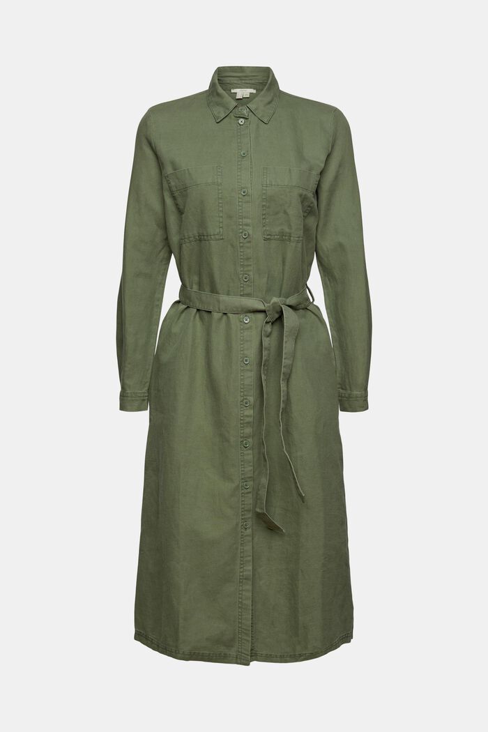 Made of blended linen: shirt dress with a belt, GREEN, overview