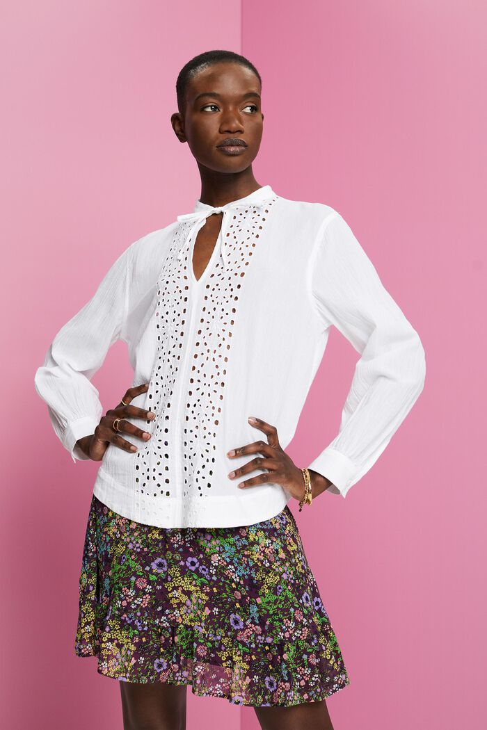 Embroidered cotton blouse, WHITE, detail image number 0