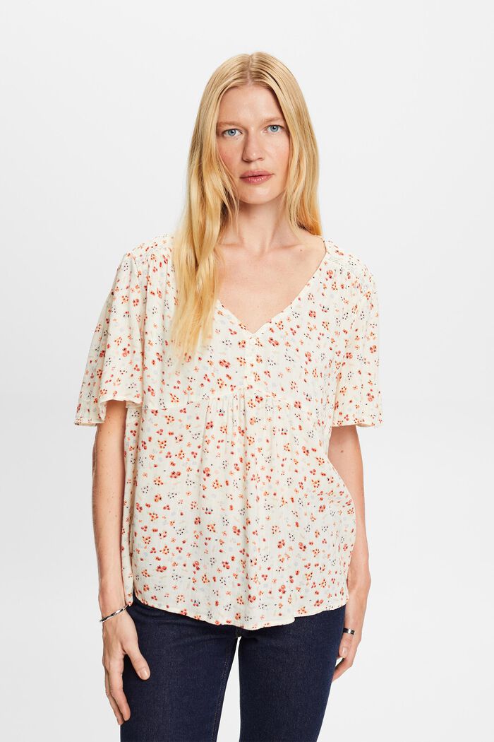 Patterned short sleeve blouse, cotton blend, WHITE, detail image number 0
