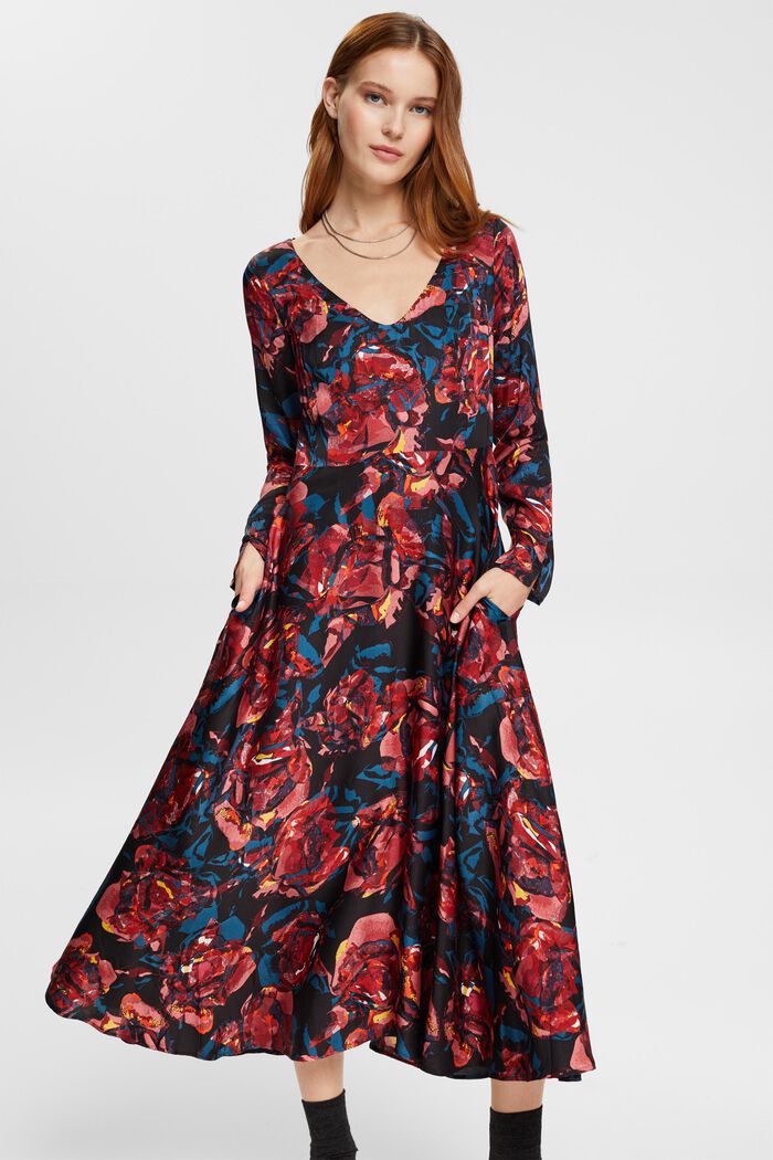 Patterned satin dress, LENZING™ ECOVERO™, BLACK, detail image number 1