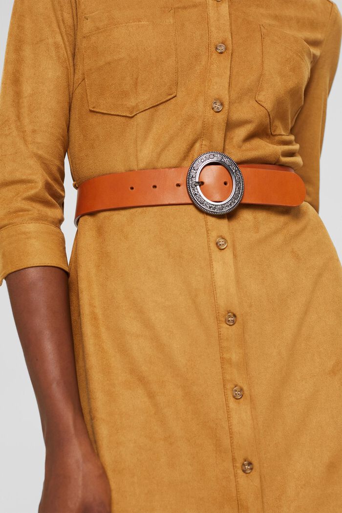 Leather belt with an embellished metal buckle