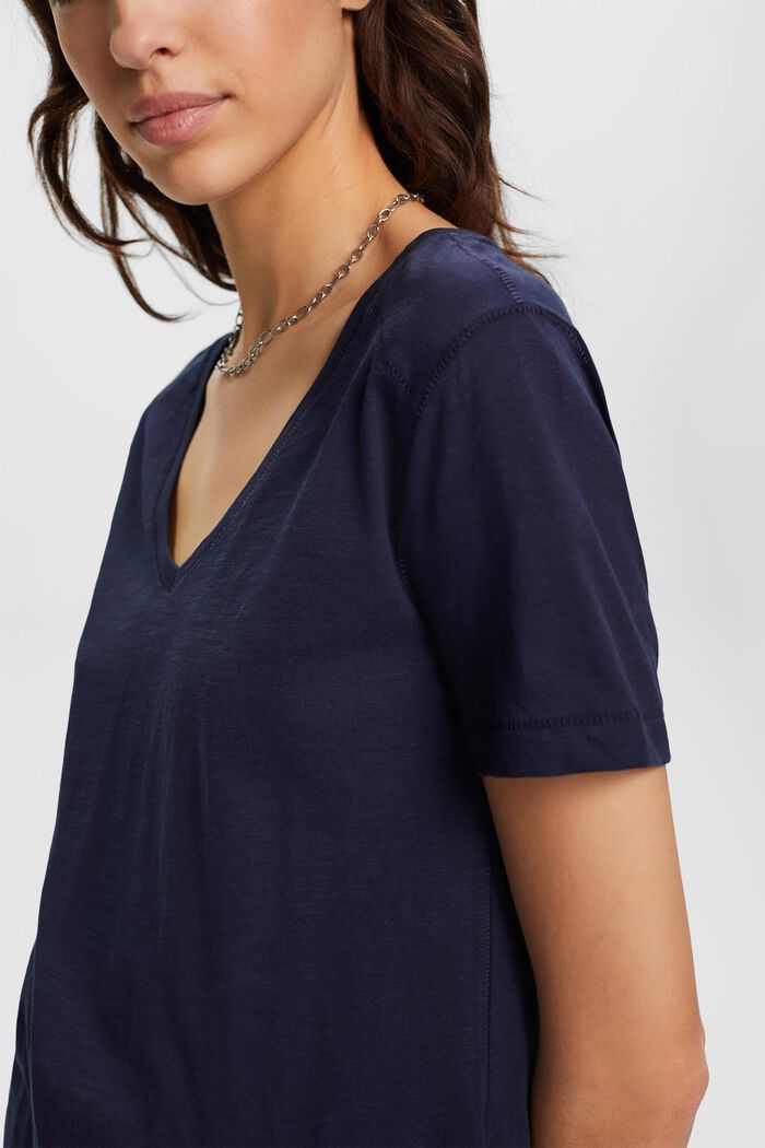 V-neck cotton t-shirt with decorative stitching, NAVY, detail image number 2