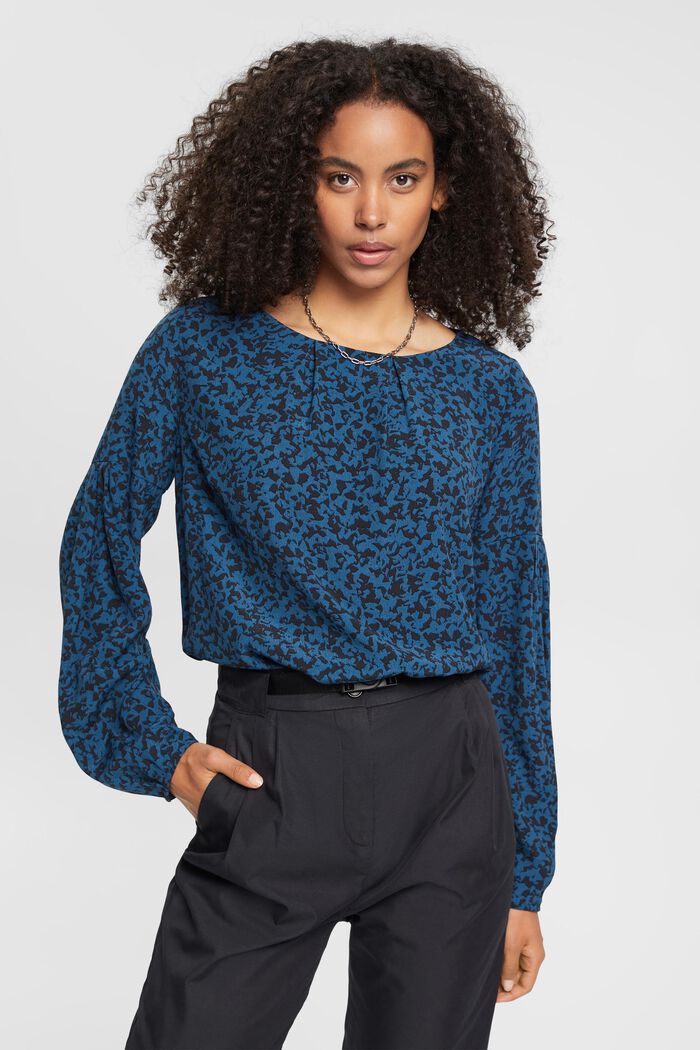 Patterned viscose blouse, PETROL BLUE, detail image number 0