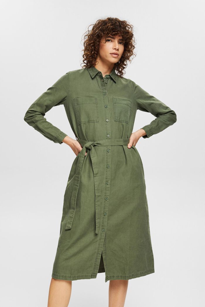 Made of blended linen: shirt dress with a belt, GREEN, detail image number 0