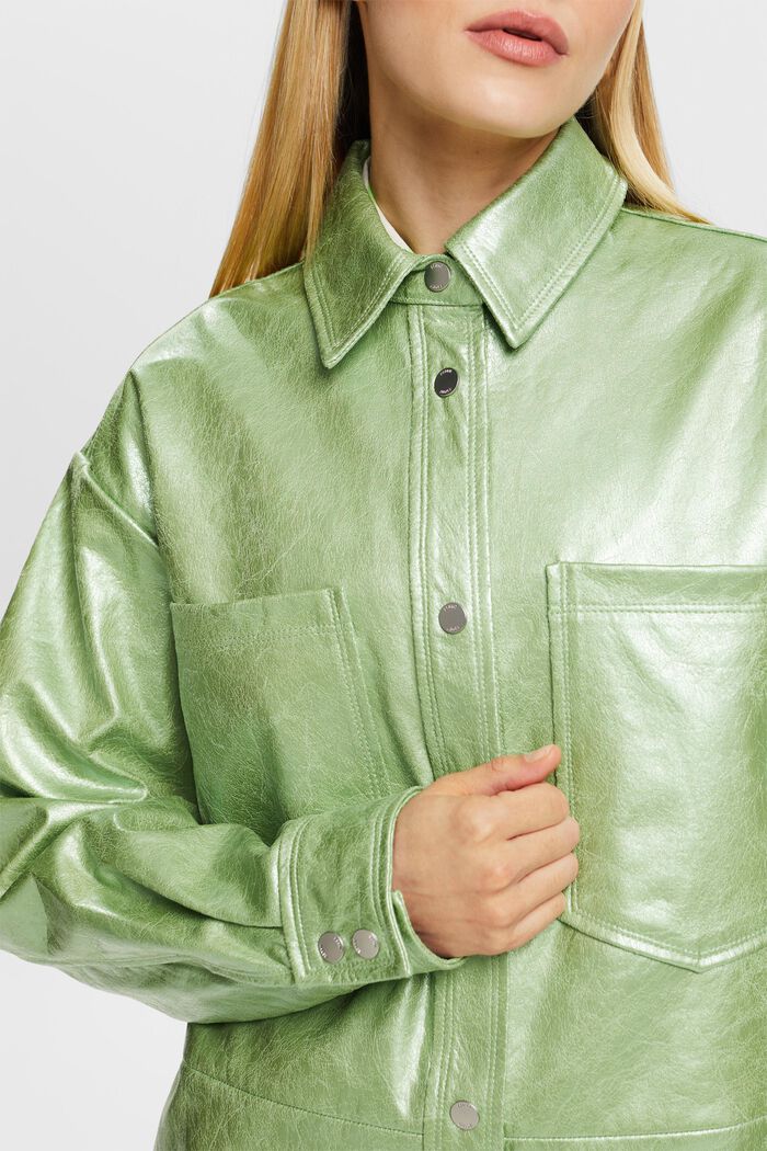 Coated Metallic Faux Leather Shirt, LIGHT AQUA GREEN, detail image number 3