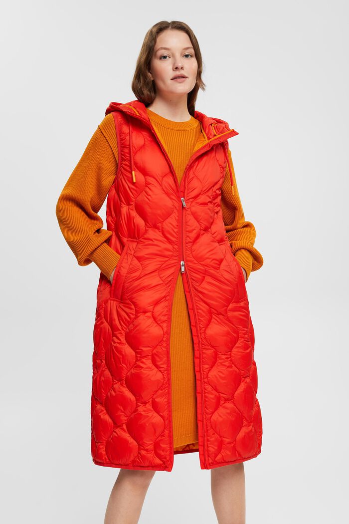 Long quilted body-warmer, ORANGE RED, overview