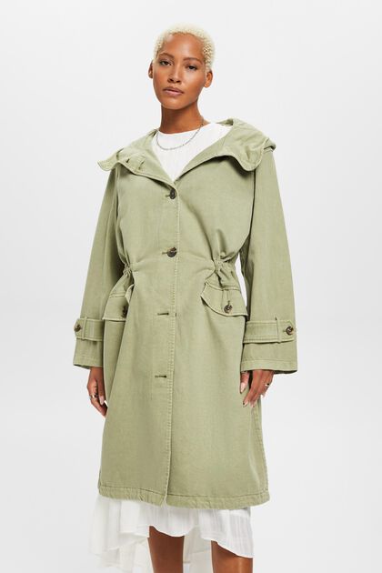 Hooded coat with drawstring waist