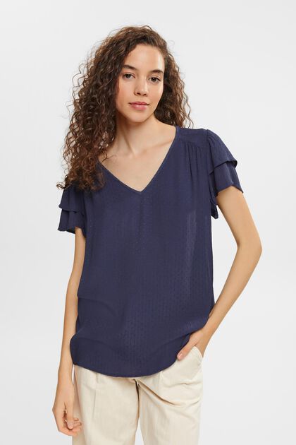 Blouse with flounced sleeves, LENZING™ ECOVERO™, NAVY, overview