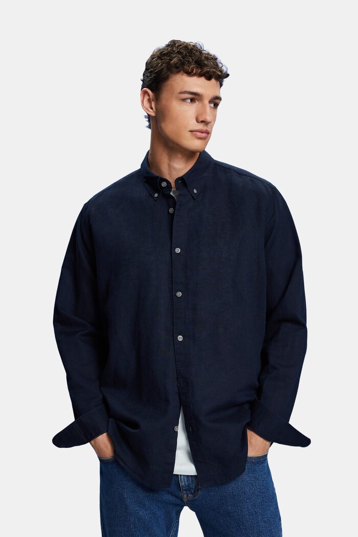 Cotton and linen blended button-down shirt, NAVY, detail image number 0