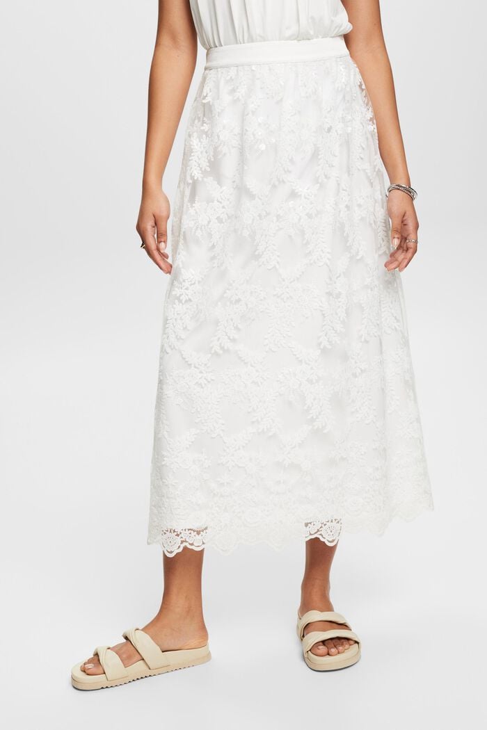 Midi skirt with embroidered flowers, OFF WHITE, detail image number 0