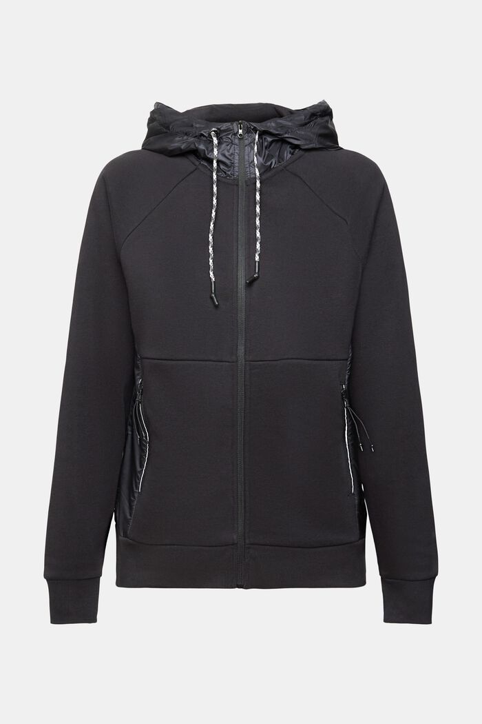 Mixed material zip-up hoodie, BLACK, detail image number 7