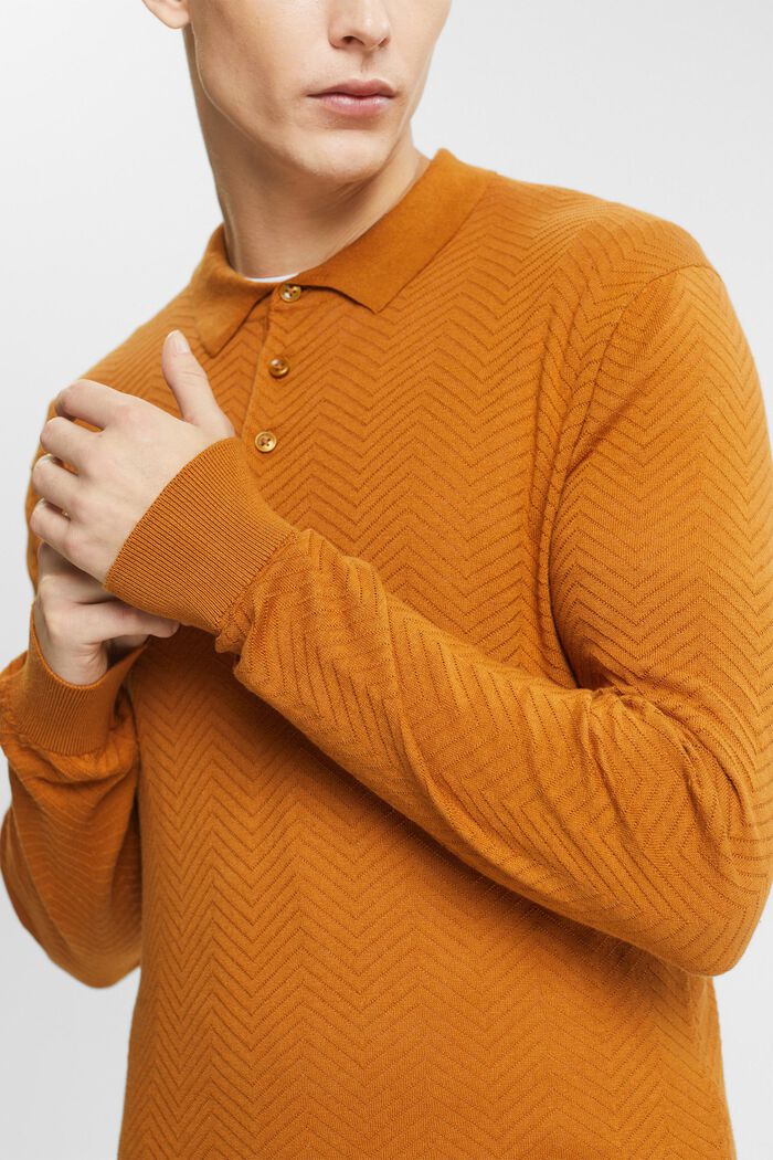 Textured long-sleeved polo shirt, CARAMEL, detail image number 2