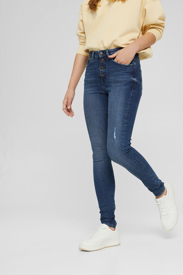 Super stretchy jeans with button fly, organic cotton, BLUE DARK WASHED, detail image number 0