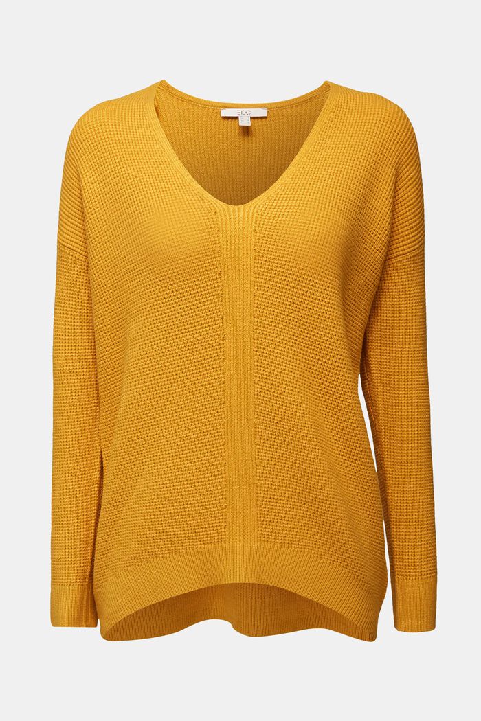 V-neck jumper in purl knit fabric, BRASS YELLOW, detail image number 0