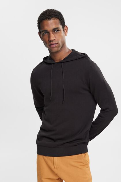 Knit hooded jumper, BLACK, overview